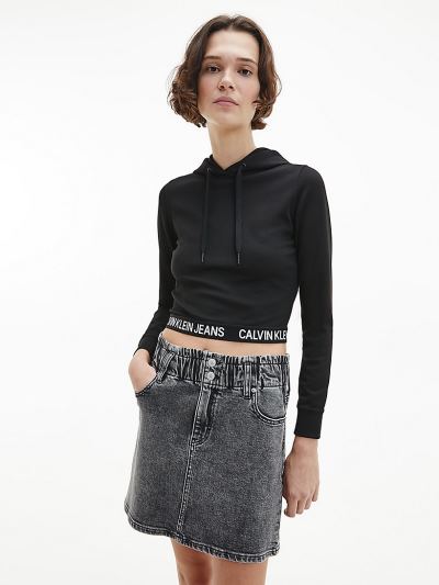 Calvin Klein Ruhák HU164485 | Calvin Klein Cropped Milano Jersey Női Kapucnis Pulóver Fekete